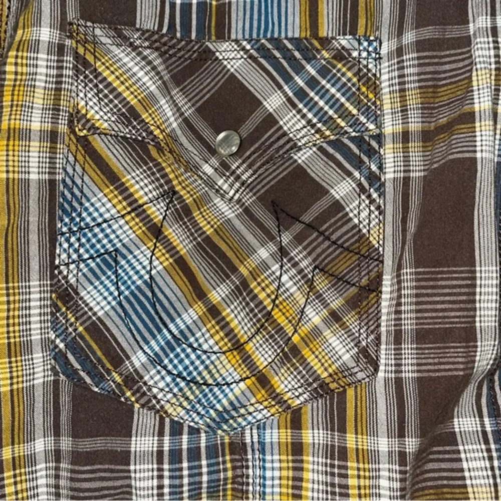 True Religion Made in USA Cotton‎ Short Sleeve Pearl Snap Plaid Shirt
